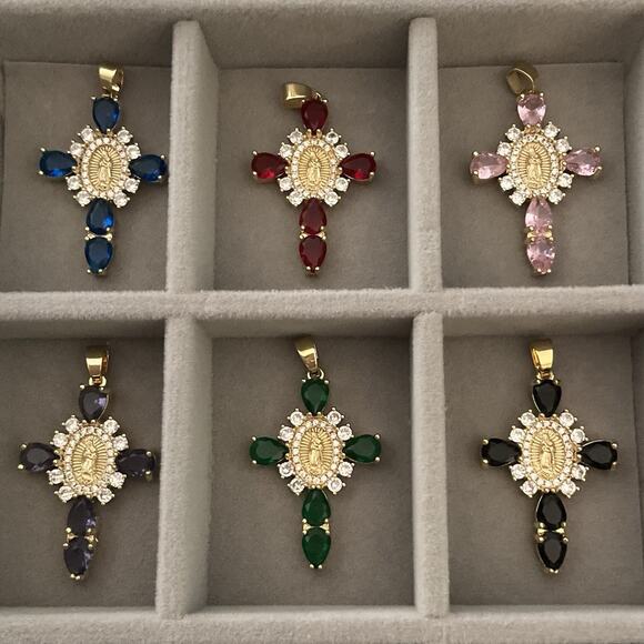 Beautiful Virgin Mary Gemstone Cross Pendant- 6 Color Options New - Picture 1 of 16